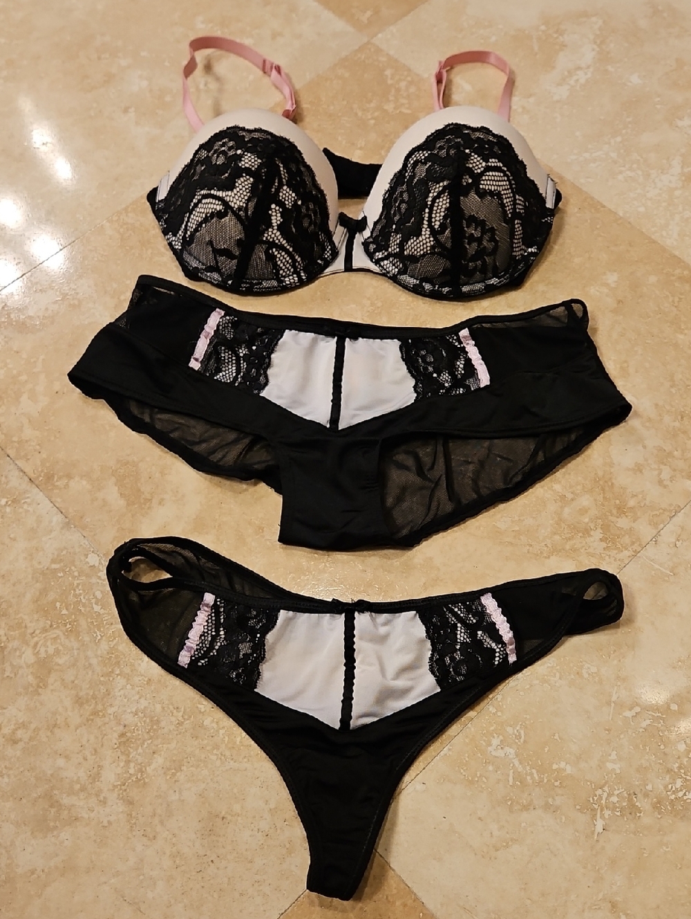 B. Tempted Black & Pink Lace Three-Piece Set